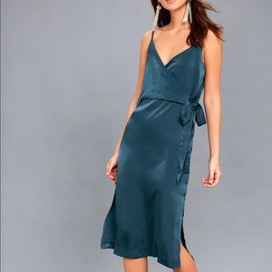 "Fall in Love" teal blue satin midi dress NWT